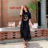 时髦炸街设计感印花连衣裙女夏2025新款蕾丝拼接假两件黑色T恤裙，女装连衣裙，2C111