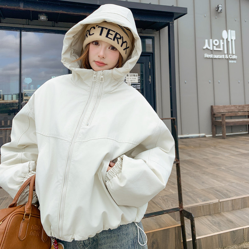 白色连帽工装派克服羽绒棉服女冬季加厚夹棉小个子冲锋衣式棉衣,女装棉衣/棉服,2C111