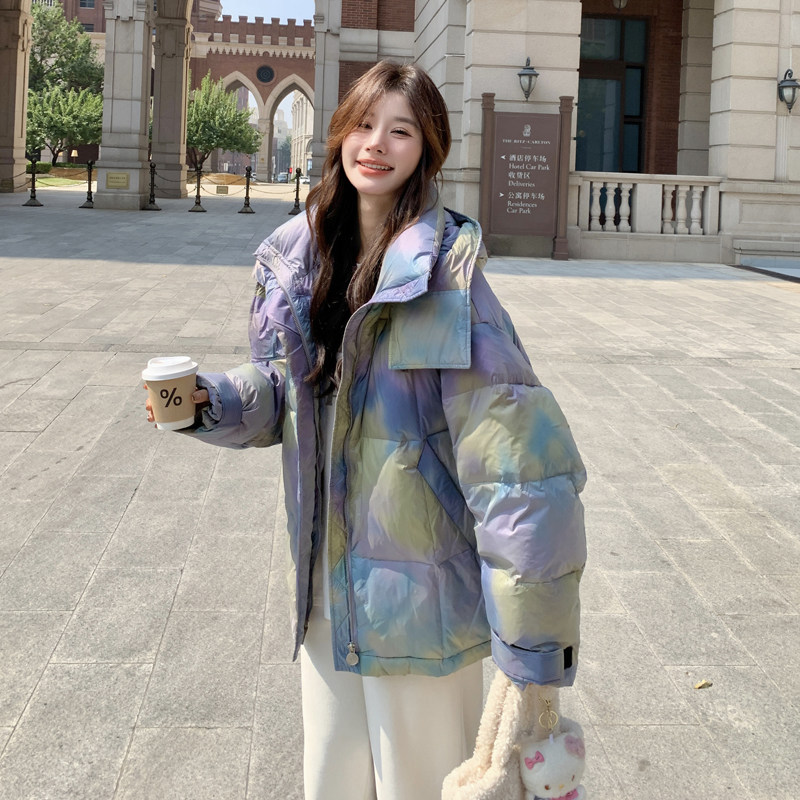 韩版时尚短款扎染连帽羽绒服女2025年冬季新款加厚显瘦白鸭绒外套,女装羽绒服,2C111