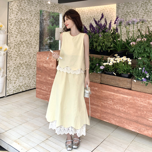 2025夏季蕾丝拼假两件上衣+半身裙套装#2553-P150-K218图片