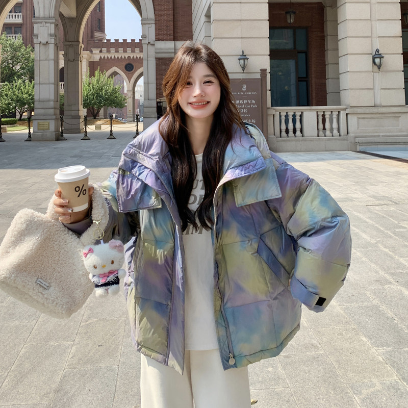 韩版时尚短款扎染连帽羽绒服女2025年冬季新款加厚显瘦白鸭绒外套,女装羽绒服,2C111