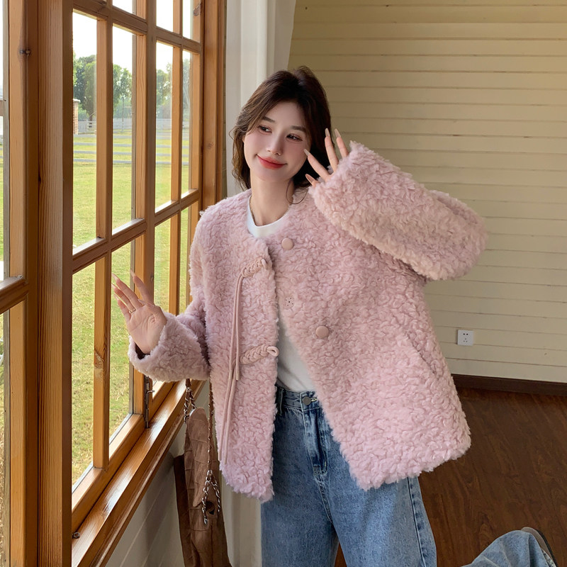 加厚保暖粉色皮毛一体羊羔毛外套女冬季独特漂亮气质韩系超火棉服,女装皮草,2C111