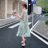 温柔风碎花系带挂脖连衣裙女夏季新款法式海边度假森系A字裙长裙，女装连衣裙，2C111