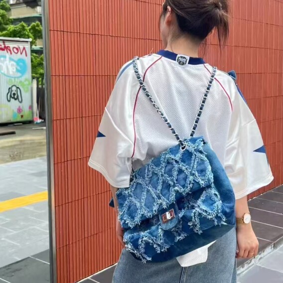 韩版网红爆款女士包个性牛仔布菱格流浪包单肩斜挎包女百搭链条包