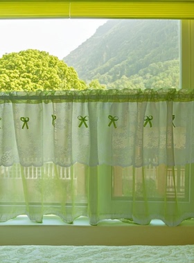 窗帘遮光免打孔安装门帘挂帘厨房遮挡帘蕾丝边半帘飘窗柜子遮挡