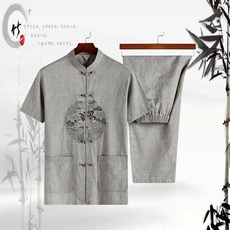 中国风夏季中老年男装唐装短袖亚麻套装刺绣中式爸爸装P95