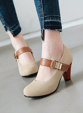 圆头浅口伪娘大码高跟鞋cd变装职业鞋男反串女装大佬魔术贴单鞋女