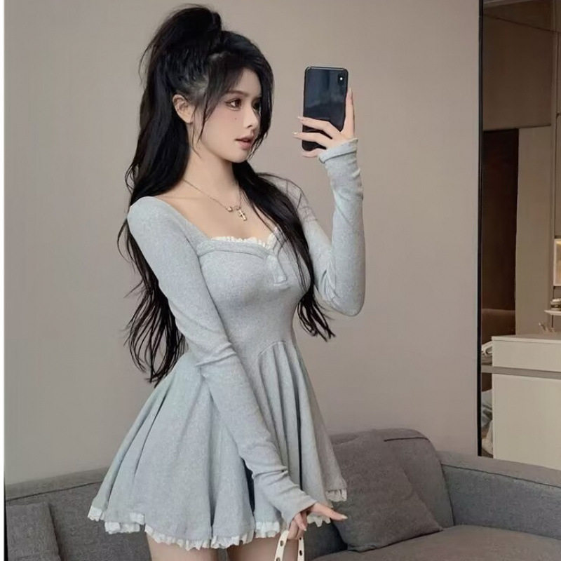 纯欲蓬蓬性感蕾丝ts伪娘连衣裙秋季新款长袖女装大佬收腰A字短裙图片