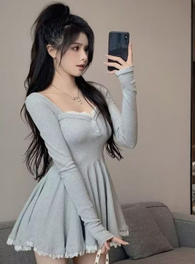 纯欲蓬蓬性感蕾丝ts伪娘连衣裙秋季新款长袖女装大佬收腰A字短裙