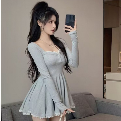 纯欲蓬蓬性感蕾丝ts伪娘连衣裙秋季新款长袖女装大佬收腰A字短裙