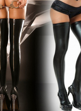 黑色漆皮cd男紧身伪娘用品变装高筒大腿袜女装大佬仿皮裤连脚袜女