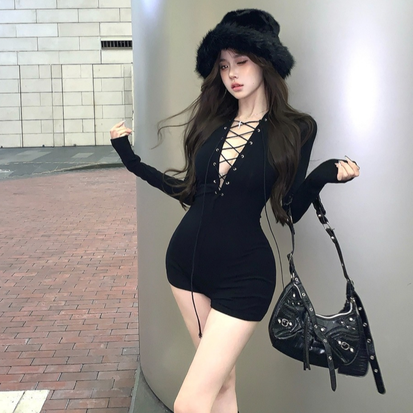 黑色镂空女装大佬伪娘长袖连体衣修身性感cd变装男娘辣妹短连体裤