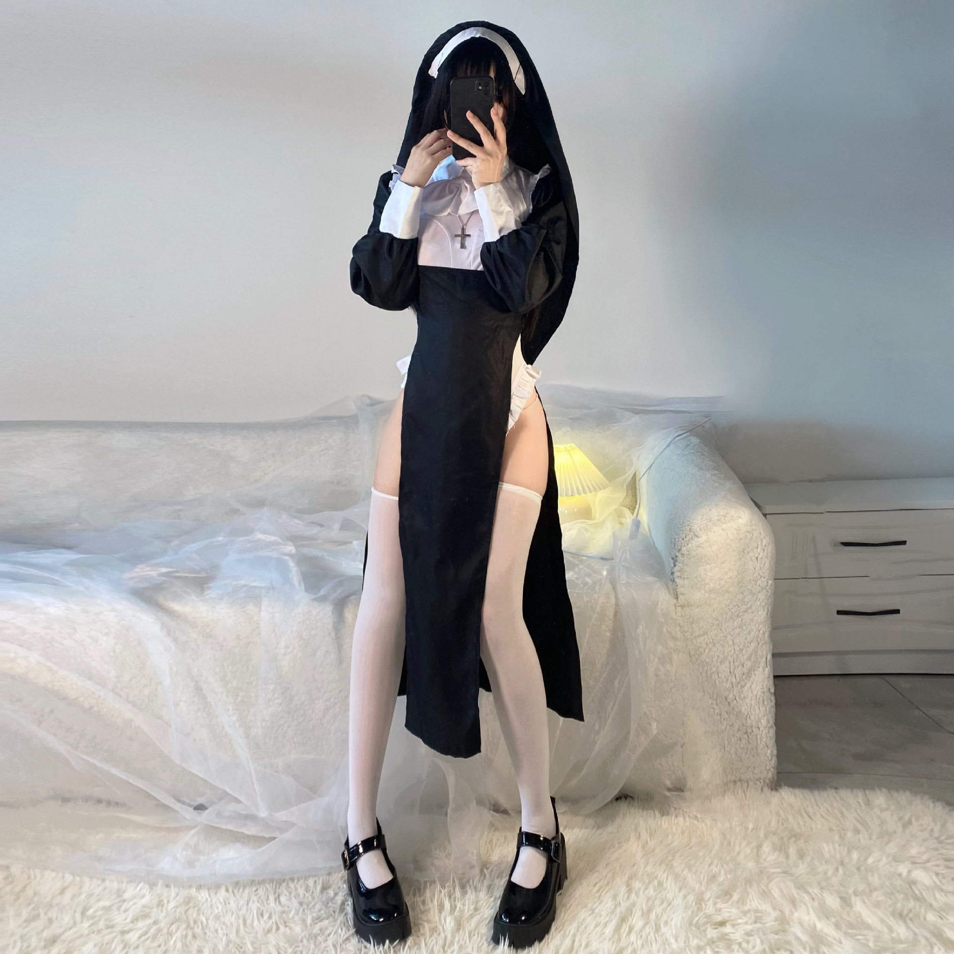 大码修女伪娘cos性感ts变装男娘制服女装大佬女仆丝袜连衣裙套装
