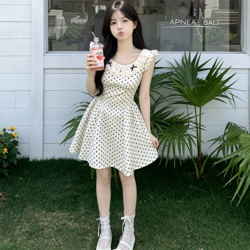夏季波点伪娘cd变装连衣裙蕾丝花边蝴蝶结甜妹A字裙女装大佬短裙