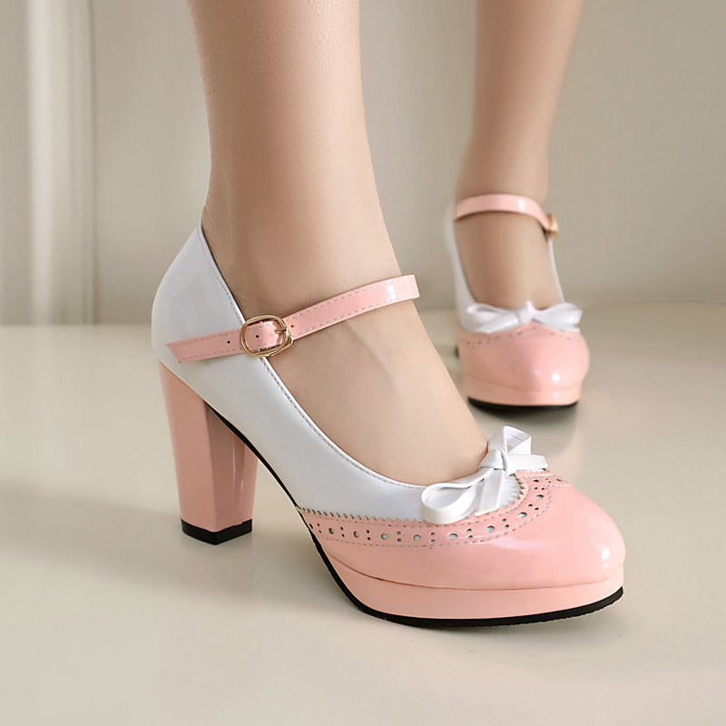 伪娘女鞋漆皮拼色大码粗跟女装大佬男娘高跟鞋蝴蝶结洛丽塔变装鞋