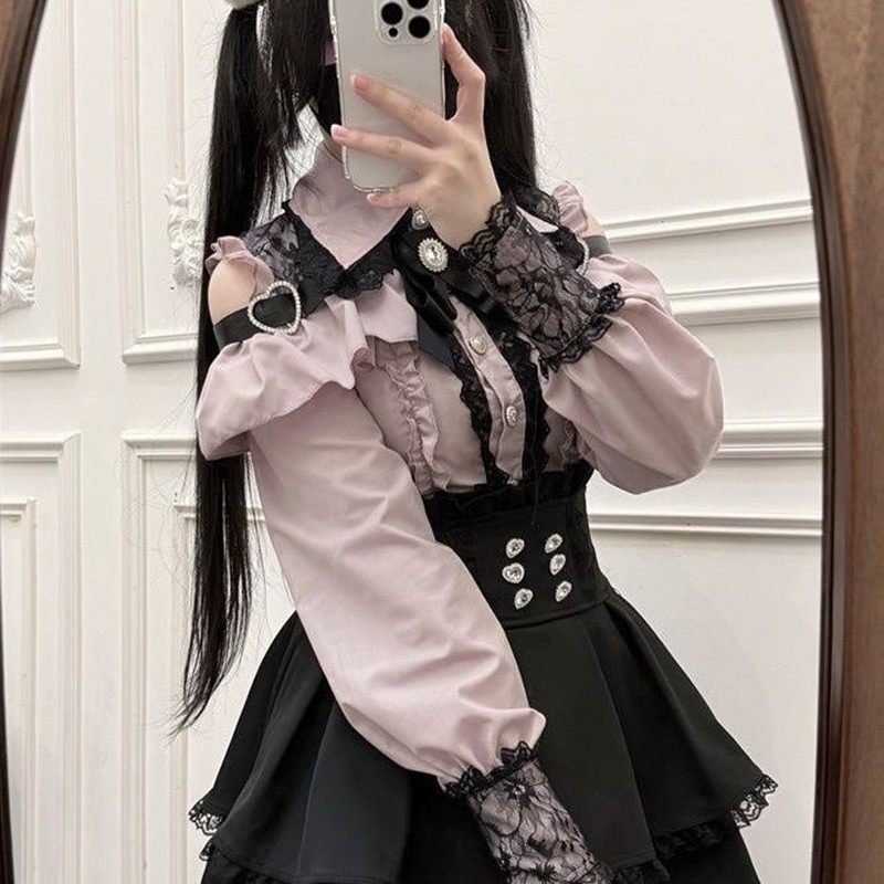 甜美伪娘cos季学院风女装大佬cd变装露肩衬衫高腰半裙两件套套装图片
