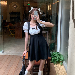 超仙女假两件大码伪娘连衣裙甜美可爱泡泡袖女装大佬法式小黑裙男