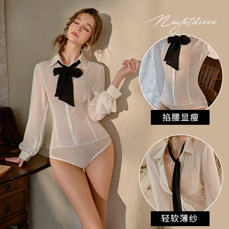 伪娘性感cd变装睡衣雪纺衬衫女装大佬连体衣飘带蝴蝶结ts男娘制服