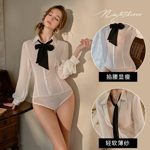 伪娘性感cd变装睡衣雪纺衬衫女装大佬连体衣飘带蝴蝶结ts男娘制服