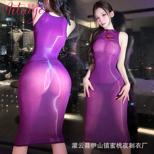 超薄油光新中式女装大佬伪娘透视旗袍性感cd变装透明包臀丝袜短裙