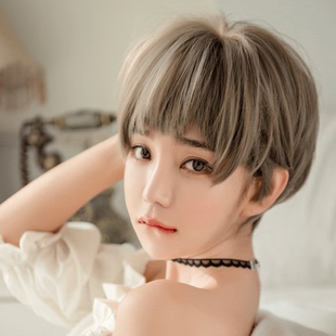 狗啃式二次元刘海女短发自然逼真奶奶灰bobo头套cd变装伪娘假发