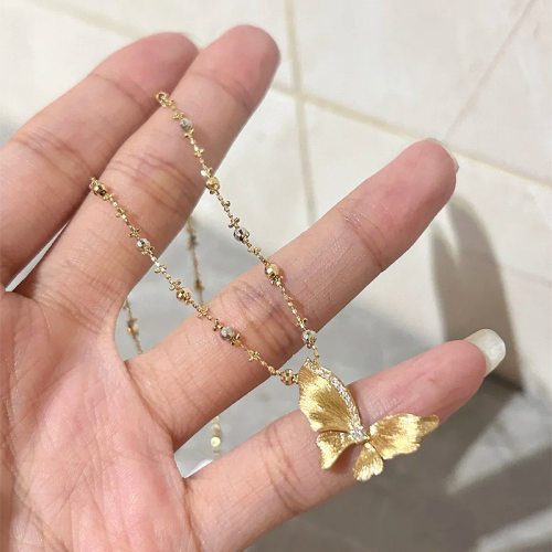 古法金色拉丝蝴蝶吊坠项链