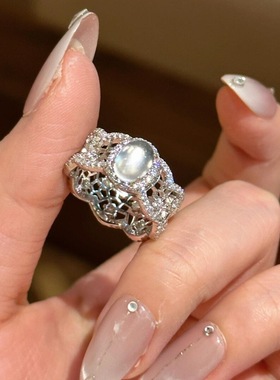 国风水沫玉蕾丝镂空蛋面戒指