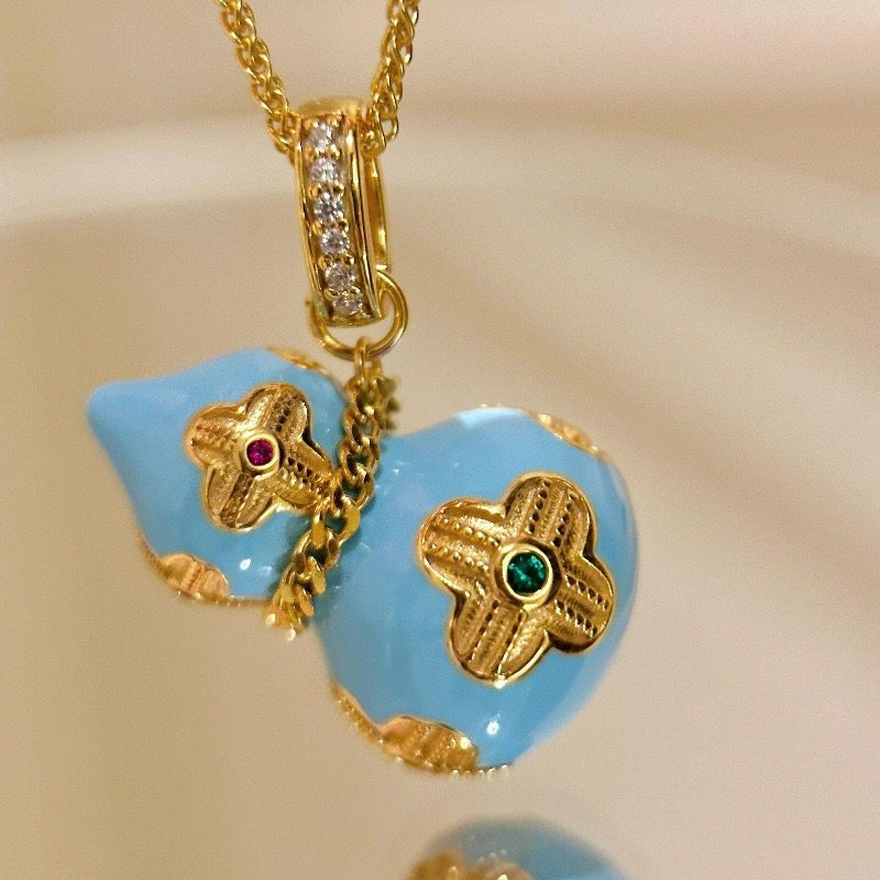 新中式国风蓝色滴釉珐琅四叶花葫芦项链女复古时尚气质百搭锁骨链,饰品/流行首饰/时尚饰品新,项链,淘宝优惠券,粉丝福利购,淘宝优惠卷