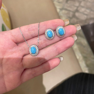 S925银法式 复古轻奢麻花蛋形绿松石耳钉项链女简约气质高级感套装