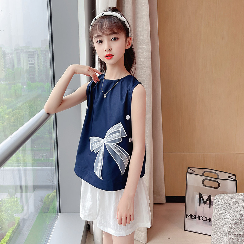 女童装2026夏季新款朝洋气儿暧昧短袖藏青蝴蝶结上衣白色短裤套装