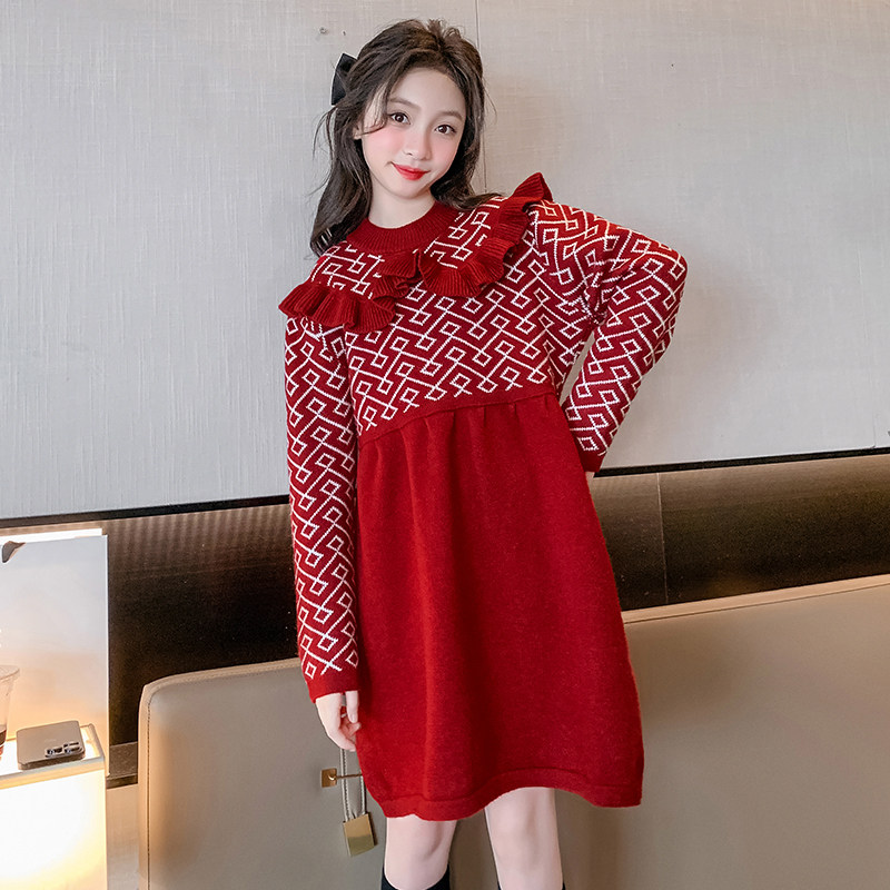 暧昧女童红色木耳边圆领连衣裙