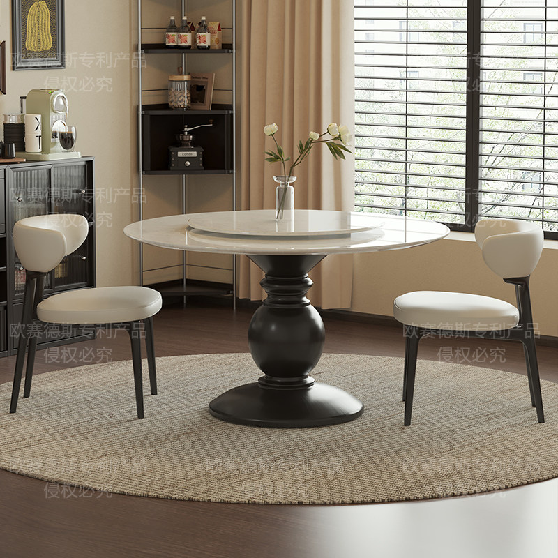 高端复古风钻石白天然大理石圆桌带转盘意式轻奢家用实木圆形餐桌