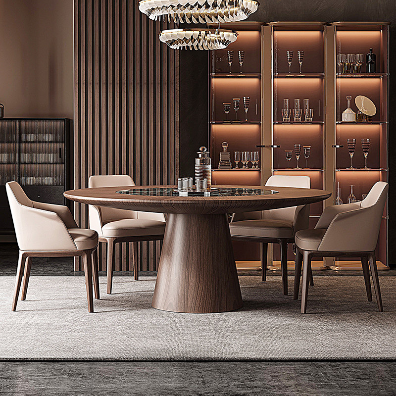 黑胡桃拼花实木圆桌带内嵌转盘