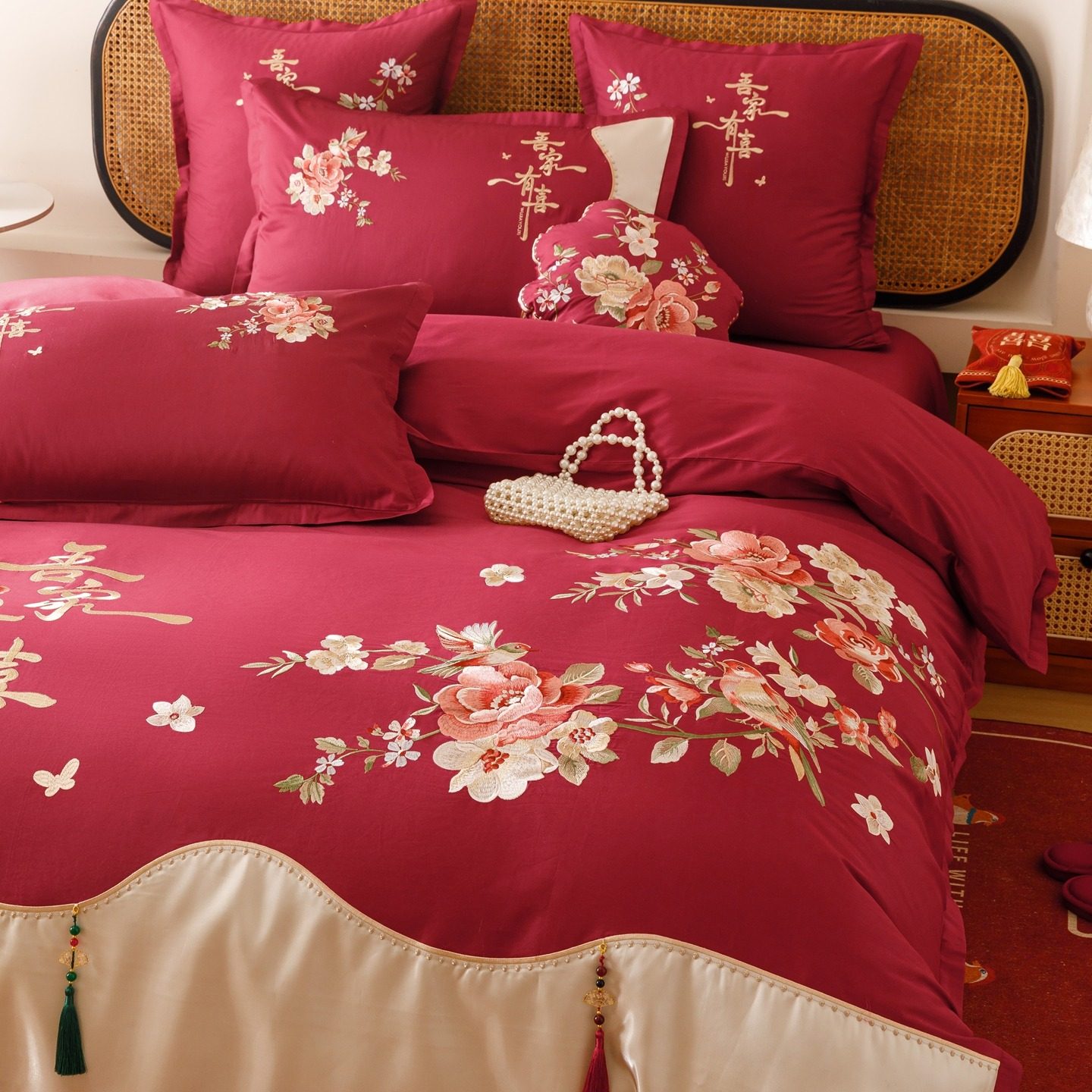 2026新款100支澳棉全棉纯棉婚庆四件套红鸾天禧婚庆床上用品,床上用品,婚庆床品套件,淘宝优惠券,粉丝福利购,淘宝优惠卷