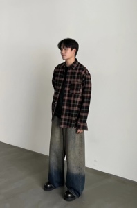 Future韩版经典百搭格子长袖衬衫男女秋季休闲宽松慵懒风衬衣外套