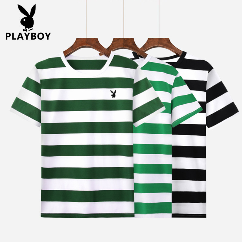playboy花花公子T男士条纹海魂短袖夏季休闲百搭纯棉圆领男t