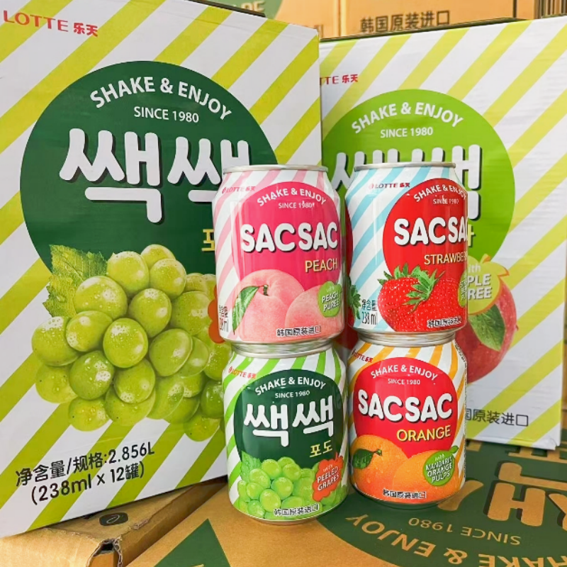 韩国进口果肉饮料整箱网红乐天LOTTE葡萄草莓橙汁238ml*6瓶无礼盒
