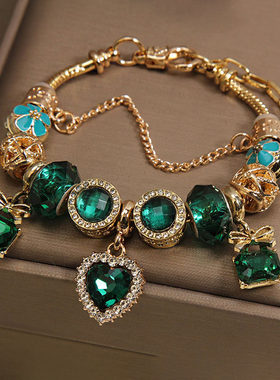 潘家风格绿色水晶爱心手链小众高级感祖母绿吊坠轻奢精致百搭手镯