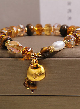茶色切面水晶手链轻奢小众高级感精致福袋吊坠招财手串送闺蜜礼物