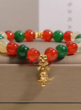 新中式红玛瑙绿玛瑙手链女款原创设计铃铛吊坠多宝黄水晶手串手环