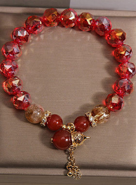 新中式红色水晶手链女款轻奢小众高级感黄塔晶红玛瑙葫芦招财手串