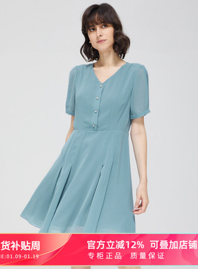 MYHALF/曼哈芙v领纯色雪纺连衣裙短袖妈妈装气质收腰a字裙中裙女