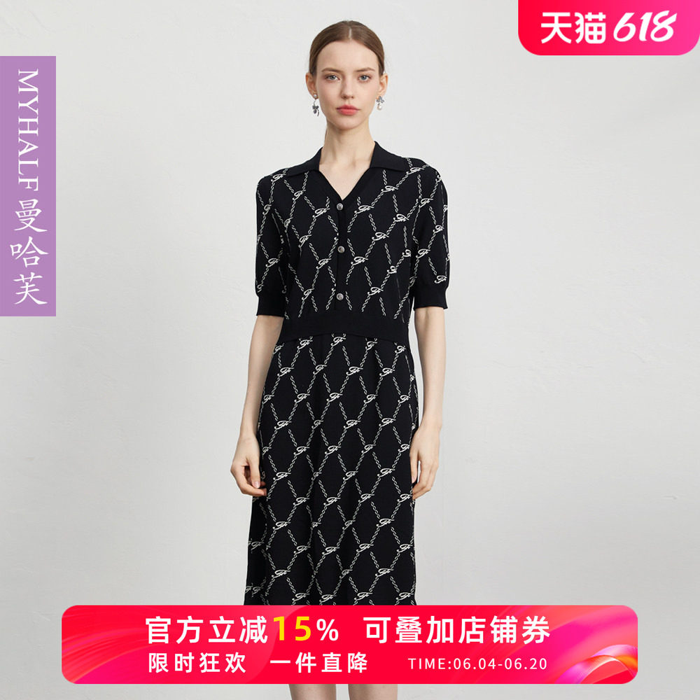 曼哈芙气质V领小香风印花单排扣针织连衣裙短袖2025夏收腰中裙子
