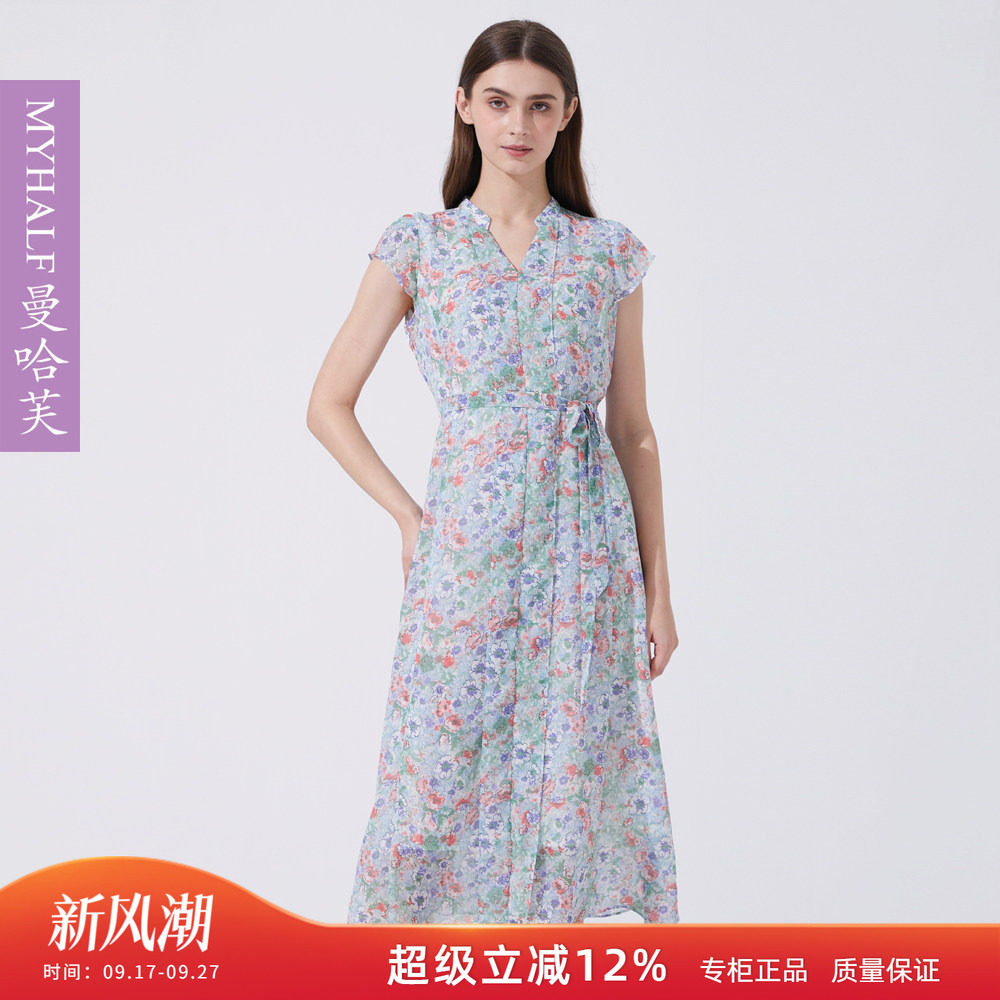 曼哈芙商场同款雪纺碎花法式连衣裙夏优雅短袖V领中长款收腰裙子