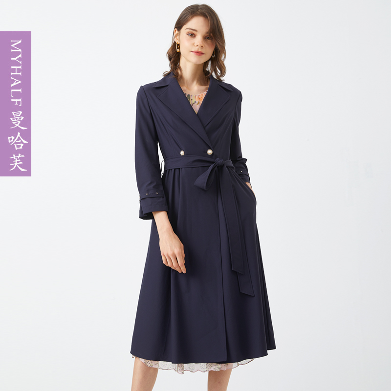 曼哈芙翻领长款气质韩版风衣