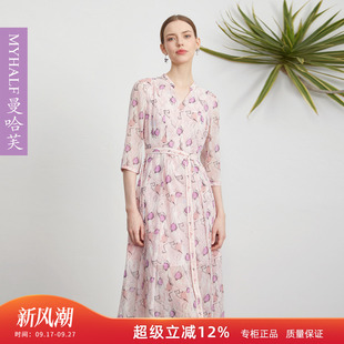 曼哈芙高端女装七分袖V领雪纺印花高腰连衣裙大裙摆淑女裙子法式
