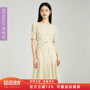 曼哈芙品牌女装圆点短袖雪纺高腰连衣裙收腰显瘦韩版减龄波点中裙