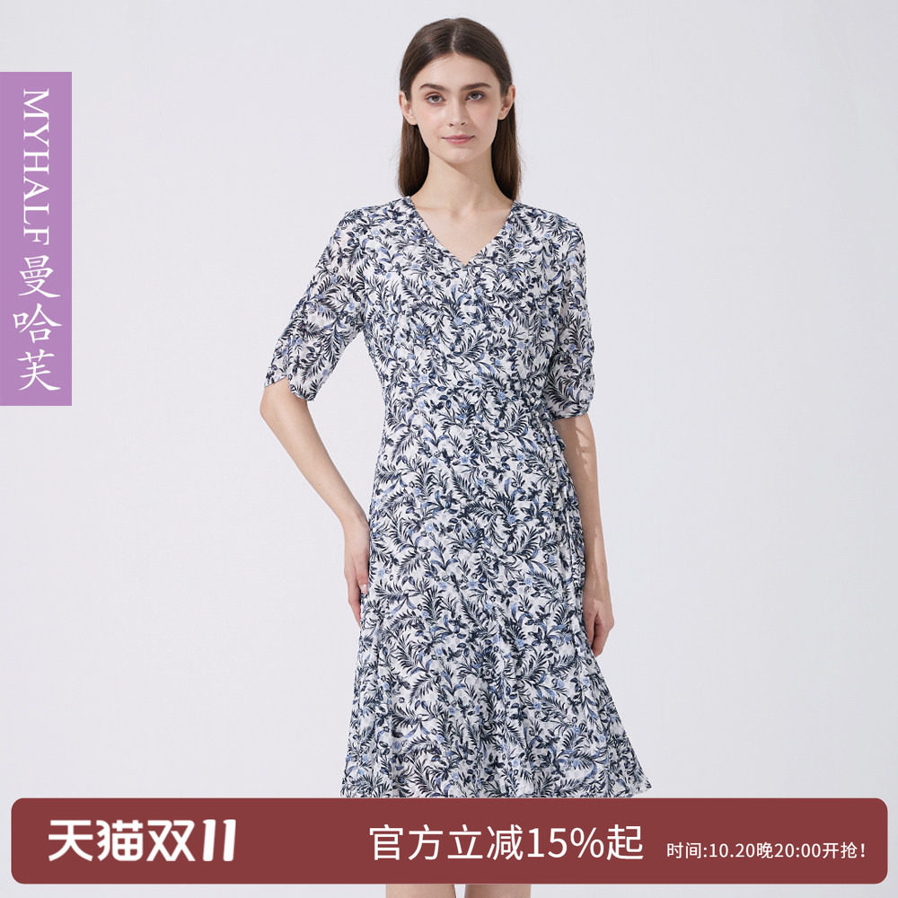 曼哈芙高端女装25春夏收腰气质茶歇裙印花V领连衣裙淑女中裙优雅