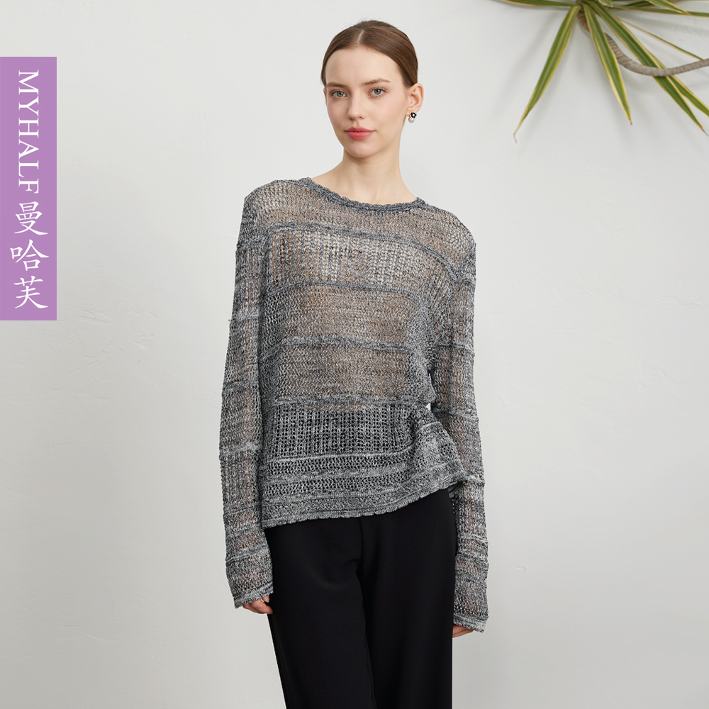 曼哈芙品牌女装2025夏季针织衫宽松镂空上衣女减龄时尚慵懒风T恤
