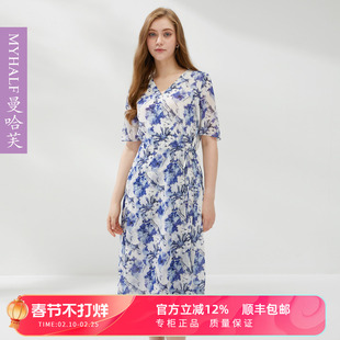 曼哈芙2024夏季新款法式碎花连衣裙女收腰V领a字中裙气质显瘦中裙